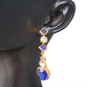 Vintage Cobalt Blue Crystal Geometric Dangle Earrings - Gold Tone